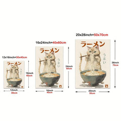 Cat Eating Ramen Canvas Wall Art Funny Japanese Food Painting