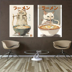 Cat Eating Ramen Canvas Wall Art Funny Japanese Food Painting