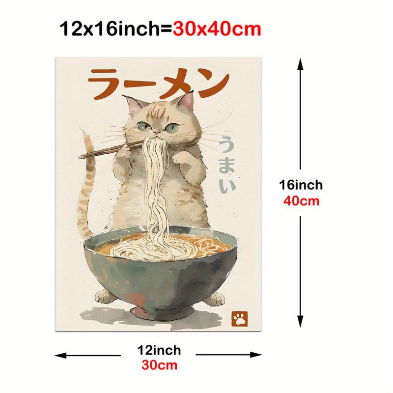 Cat Eating Ramen Canvas Wall Art Funny Japanese Food Painting