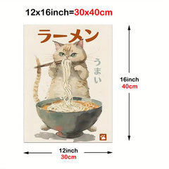 Cat Eating Ramen Canvas Wall Art Funny Japanese Food Painting