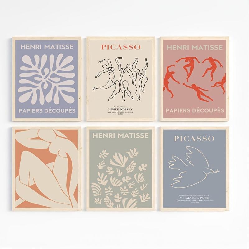 6pcs Matisse Abstract Lady Leaf Birds Wall Art, Living Room Decor