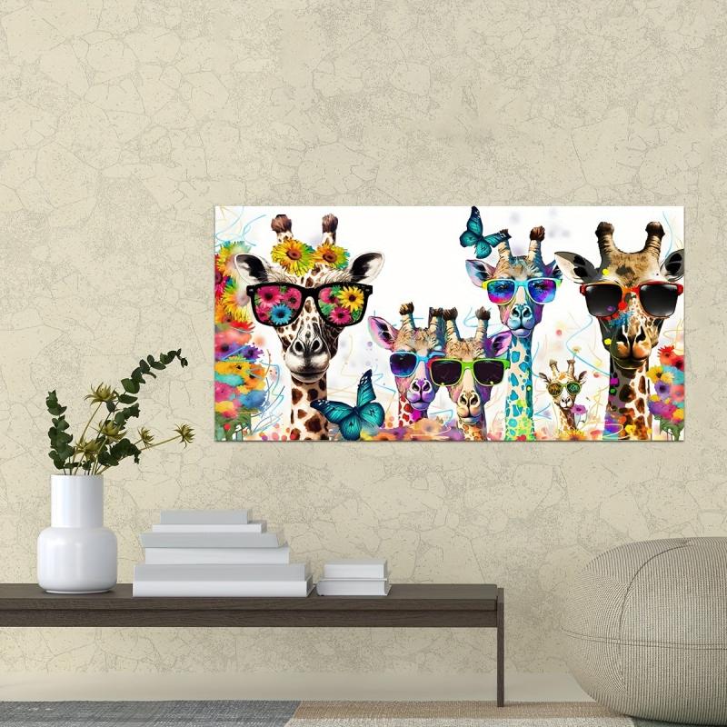 Giraffe Family Floral Butterfly Print Wall Art Abstract Watercolor Poster