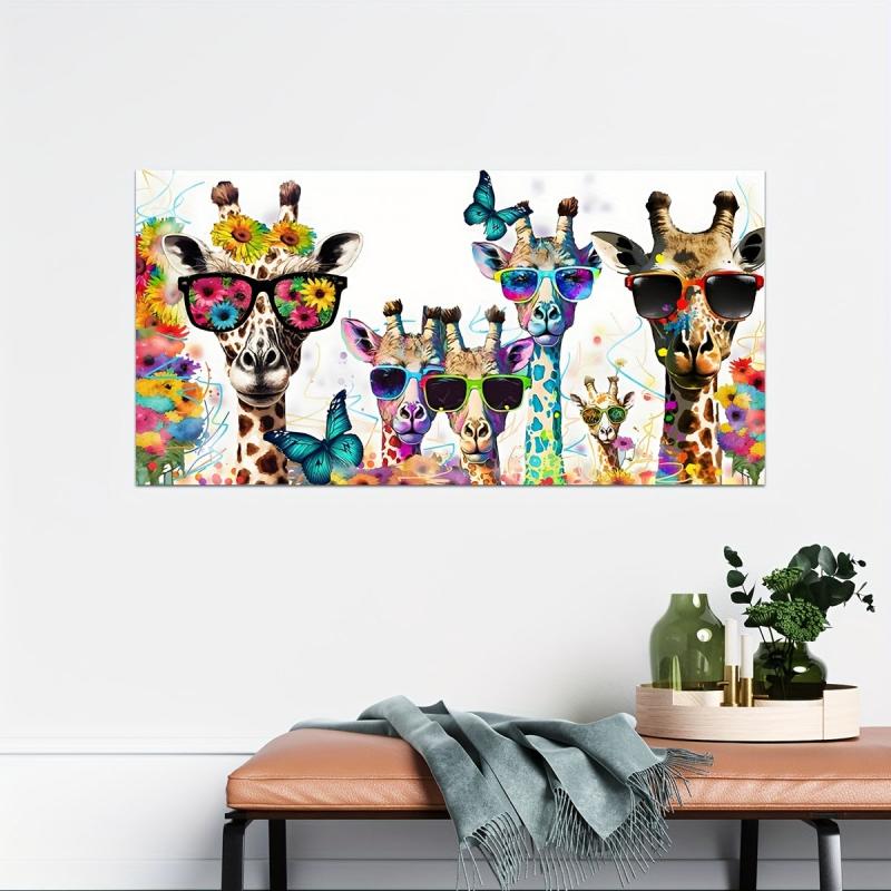 Giraffe Family Floral Butterfly Print Wall Art Abstract Watercolor Poster