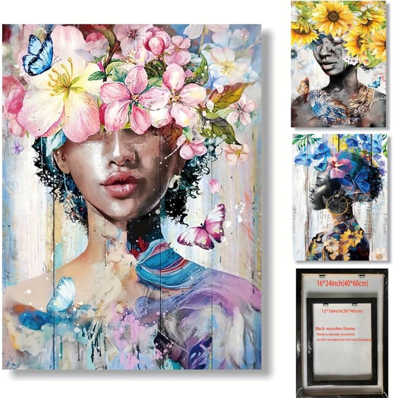 Abstract Art Canvas Painting Flowers Butterflies Woman Painting Framed
