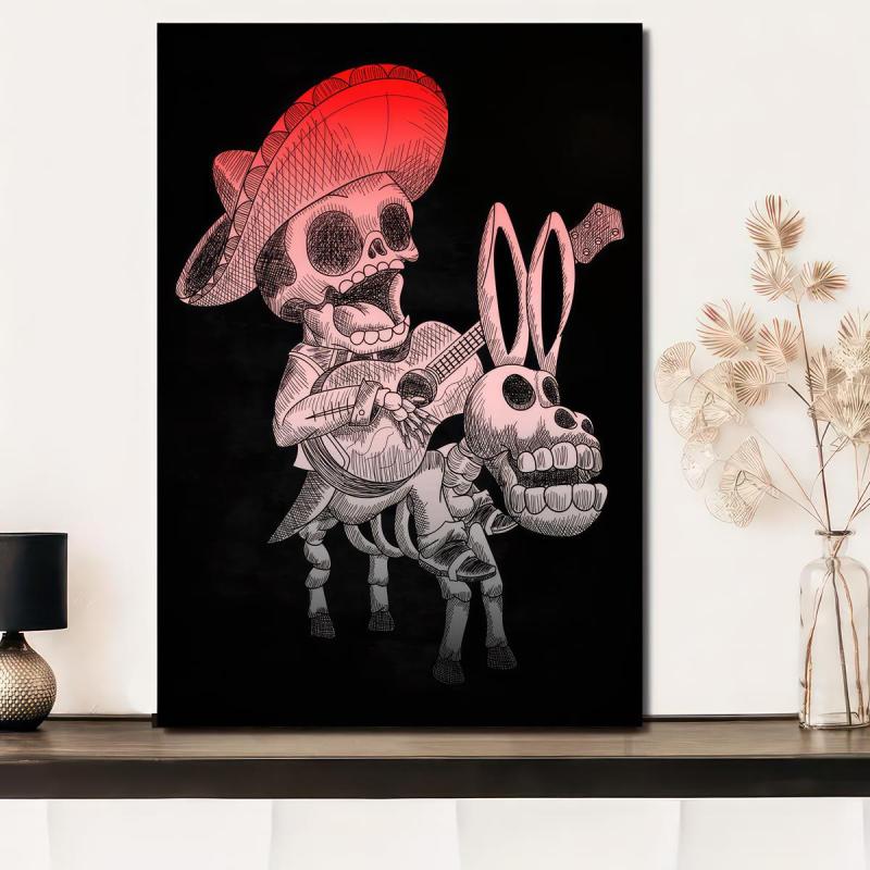 Canvas Poster Vintage Art Mexican Skull Mariachi Singing On A Donkey