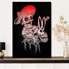 Canvas Poster Vintage Art Mexican Skull Mariachi Singing On A Donkey