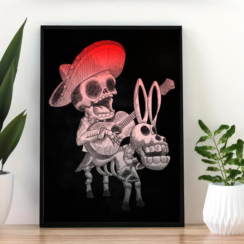 Canvas Poster Vintage Art Mexican Skull Mariachi Singing On A Donkey