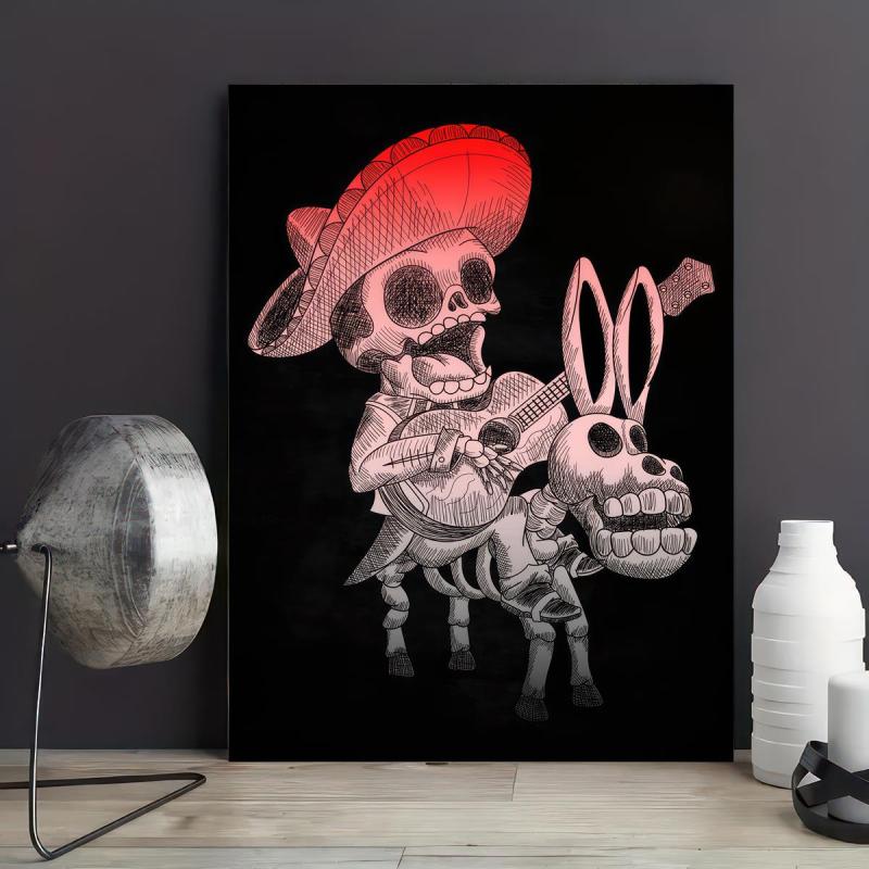Canvas Poster Vintage Art Mexican Skull Mariachi Singing On A Donkey