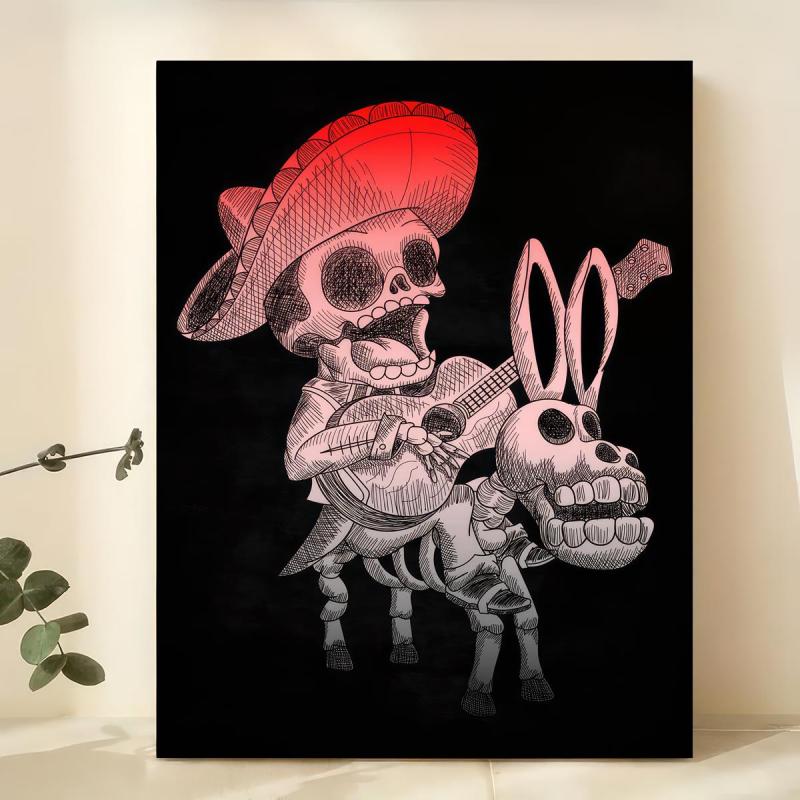 Canvas Poster Vintage Art Mexican Skull Mariachi Singing On A Donkey