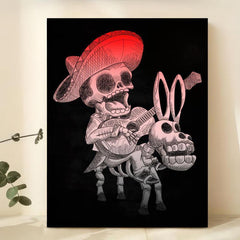 Canvas Poster Vintage Art Mexican Skull Mariachi Singing On A Donkey