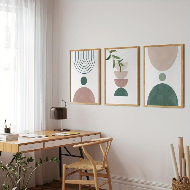 Botanical Geometric Art Print in Green and Pink Canvas