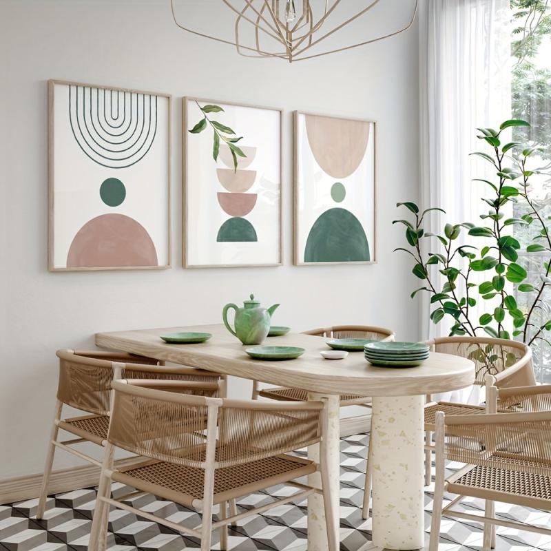 Botanical Geometric Art Print in Green and Pink Canvas