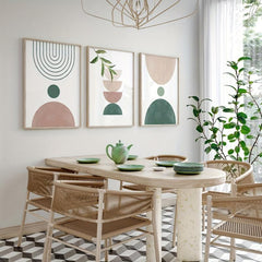 Botanical Geometric Art Print in Green and Pink Canvas