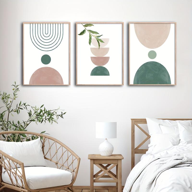 Botanical Geometric Art Print in Green and Pink Canvas