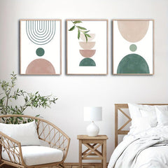 Botanical Geometric Art Print in Green and Pink Canvas