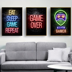 12pcs Neon Style Video Game Posters Wall Art - Playroom Home Decor