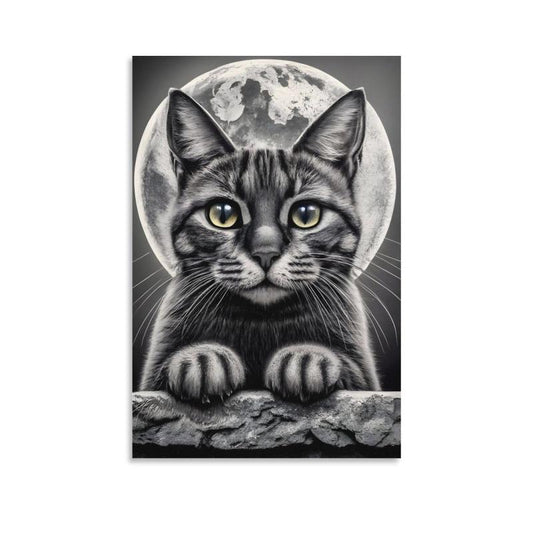 Canvas Poster Vintage Style Cat In Moonlight Ideal Wall Art Decor Fall