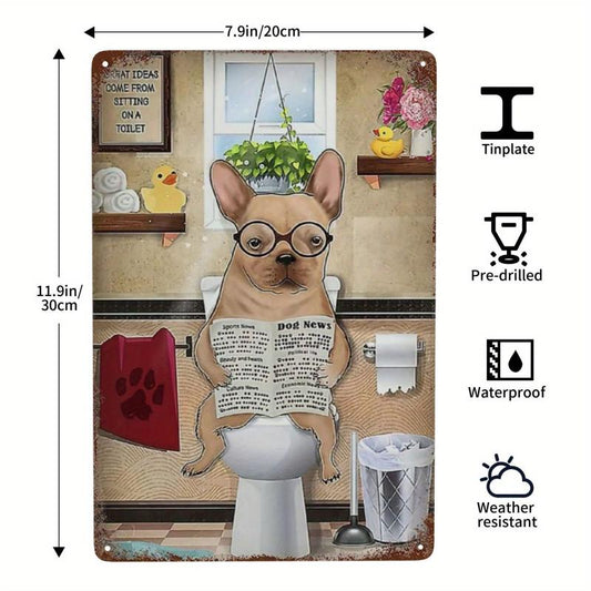 Bathroom Bulldog on Toilet Tin Sign Vintage Decor 12x8 In