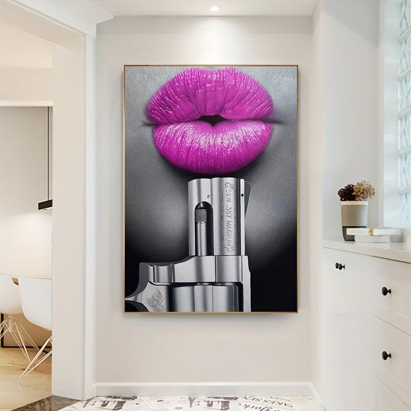 Abstract Lips & Pistol Canvas Paintings 2pcs, 11.8x15.7in, No Frame