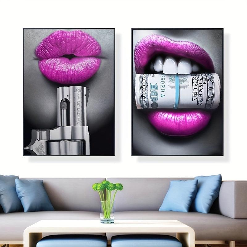 Abstract Lips & Pistol Canvas Paintings 2pcs, 11.8x15.7in, No Frame