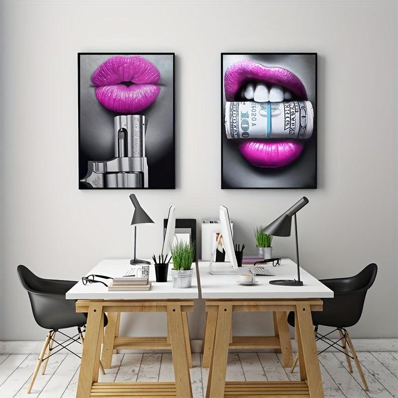 Abstract Lips & Pistol Canvas Paintings 2pcs, 11.8x15.7in, No Frame