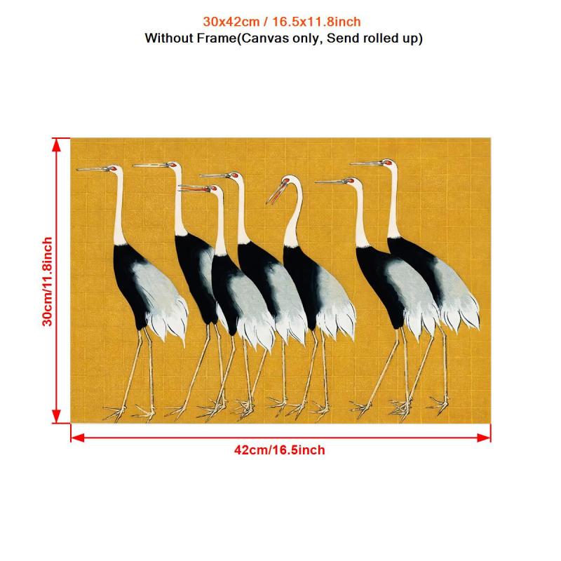 Japanese Cranes Poster Vintage Art Seven Cranes Print Flock Red Crown Crane Anim