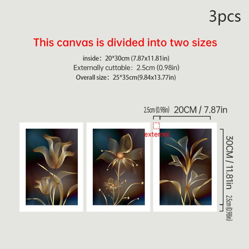 3pcs Abstract Canvas Painting Embroidery Golden Flower Gift