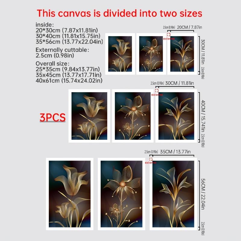 3pcs Abstract Canvas Painting Embroidery Golden Flower Gift