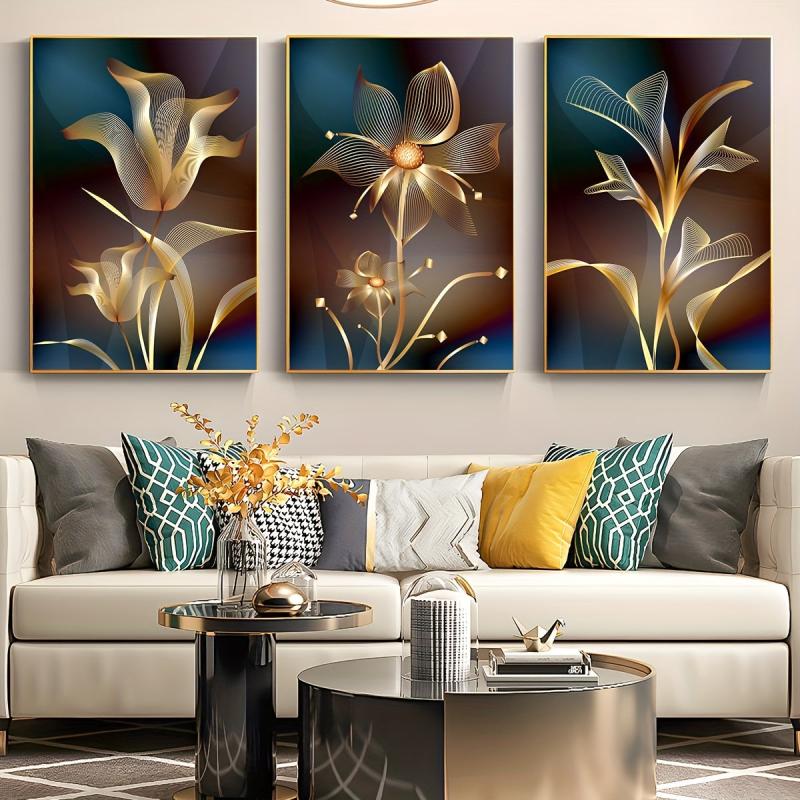 3pcs Abstract Canvas Painting Embroidery Golden Flower Gift
