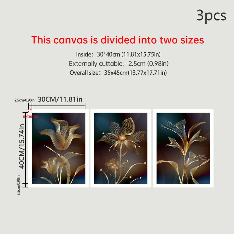 3pcs Abstract Canvas Painting Embroidery Golden Flower Gift