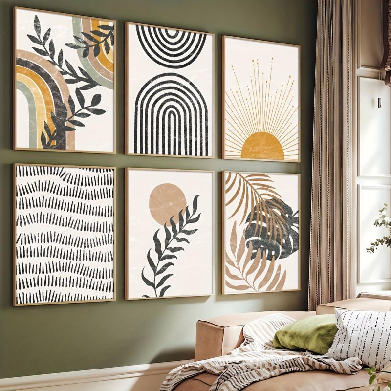 6pcs Mid Century Boho Style Abstract Graphics Canvas Prints