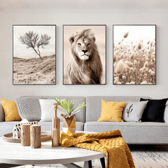 Modern Art Canvas Painting Lion Reed Dandelion Dried Tree Beige Painting