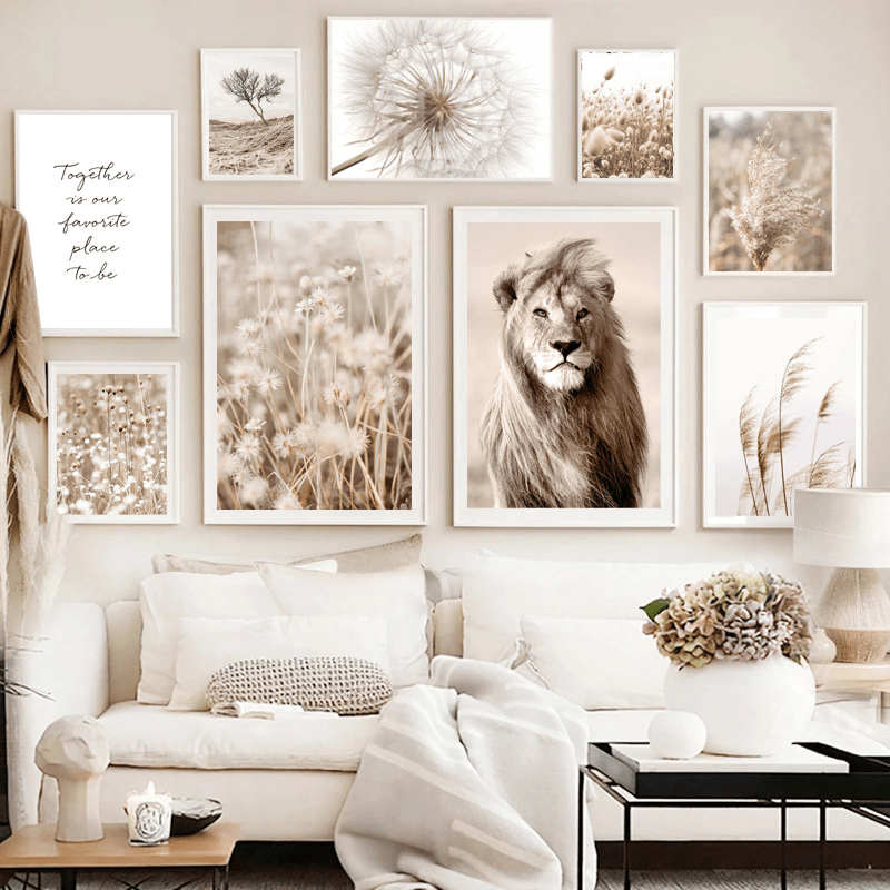 Modern Art Canvas Painting Lion Reed Dandelion Dried Tree Beige Painting