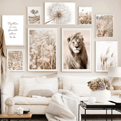 Modern Art Canvas Painting Lion Reed Dandelion Dried Tree Beige Painting