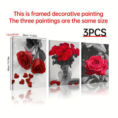 3Pcs Modern Art Vase Red Rose Flower Office Wall Decoration 30x39cm