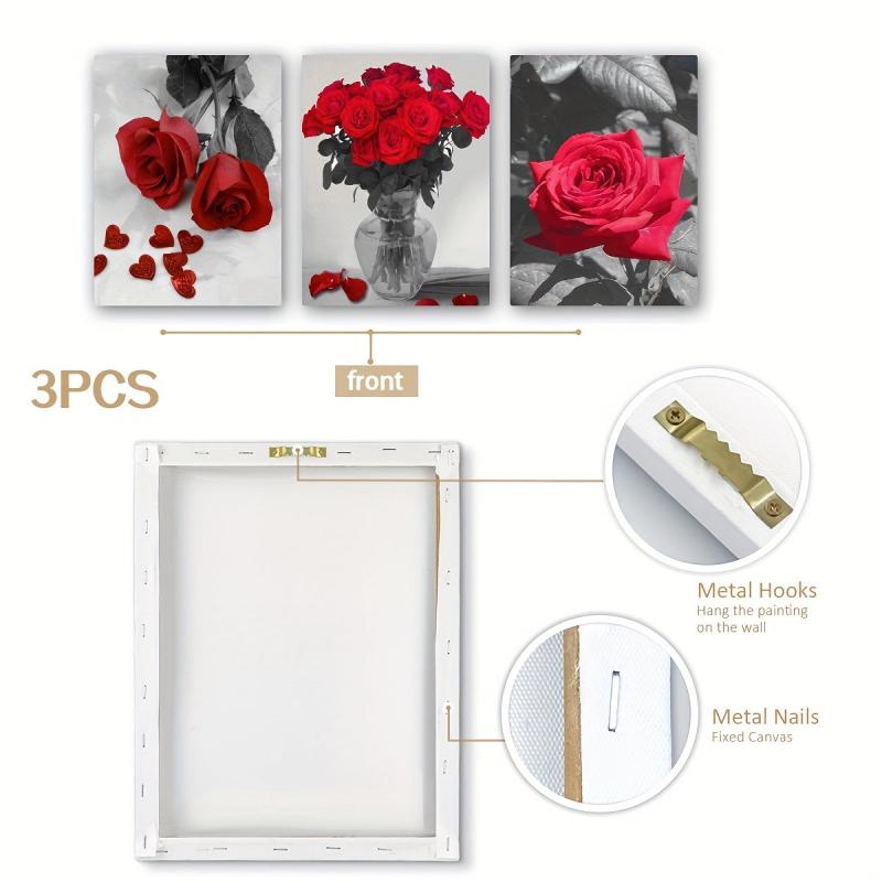 3Pcs Modern Art Vase Red Rose Flower Office Wall Decoration 30x39cm