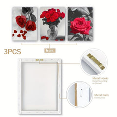 3Pcs Modern Art Vase Red Rose Flower Office Wall Decoration 30x39cm