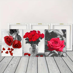 3Pcs Modern Art Vase Red Rose Flower Office Wall Decoration 30x39cm