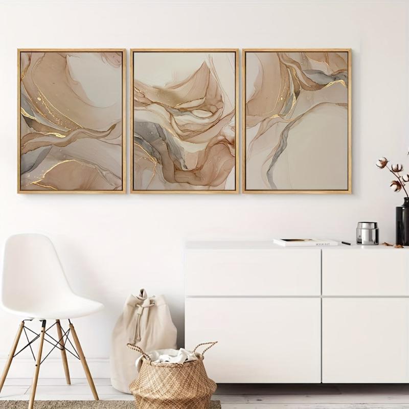 3pcs Beige Foil Marble Pattern Canvas Abstract Art Prints