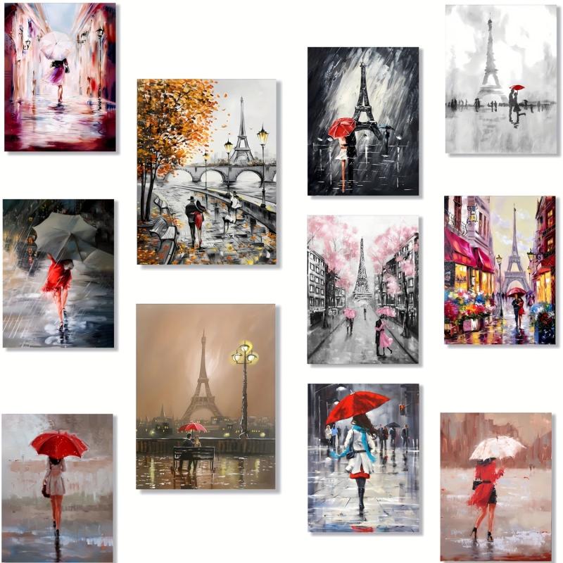 Romantic Couple in Love under Rainy Eiffel Tower Canvas Art