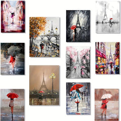 Romantic Couple in Love under Rainy Eiffel Tower Canvas Art