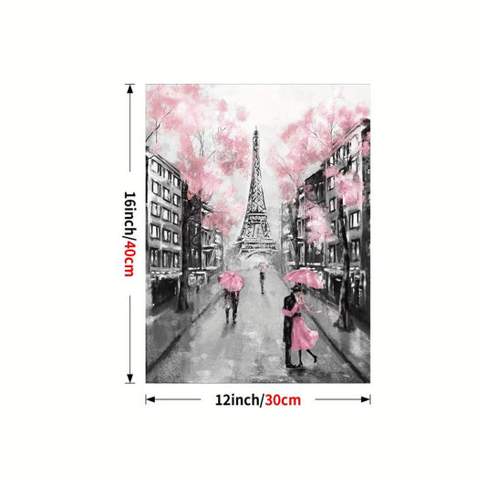 Romantic Couple in Love under Rainy Eiffel Tower Canvas Art