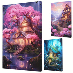 Framed Art Canvas Print Poster Pink House Dream Scenery Wall Art