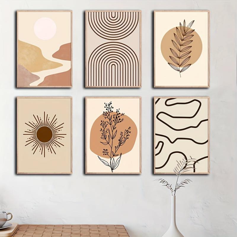 Boho Abstract Art Canvas Paintings Geometric Mountain Sun Plant Leaf Line