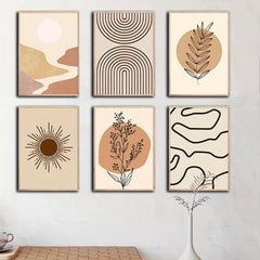 Boho Abstract Art Canvas Paintings Geometric Mountain Sun Plant Leaf Line