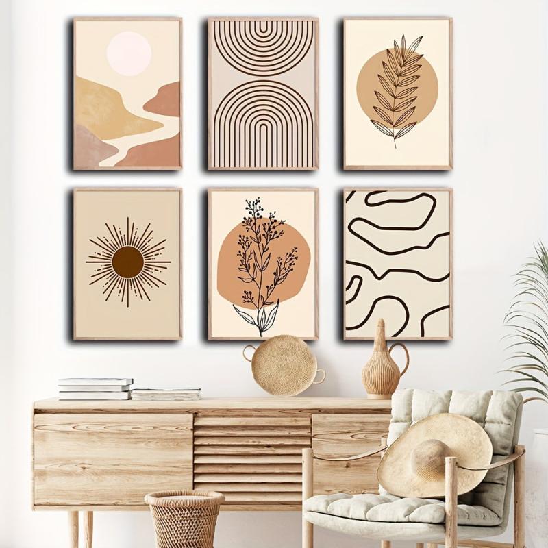 Boho Abstract Art Canvas Paintings Geometric Mountain Sun Plant Leaf Line