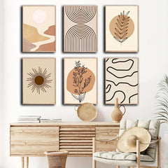 Boho Abstract Art Canvas Paintings Geometric Mountain Sun Plant Leaf Line