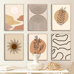 Boho Abstract Art Canvas Paintings Geometric Mountain Sun Plant Leaf Line