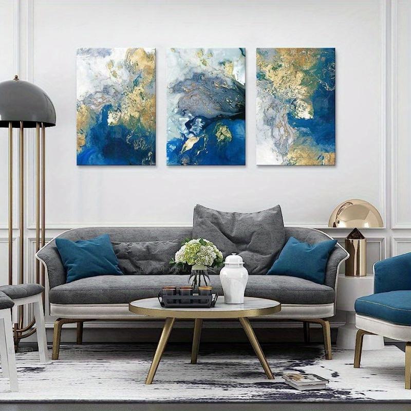 3pcs Ocean Abstract Canvas Art Golden Teal Painting Wall Decor