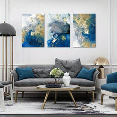 3pcs Ocean Abstract Canvas Art Golden Teal Painting Wall Decor